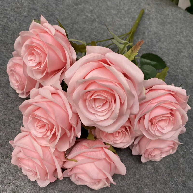 Real Touch 9 Heads Rose Flower Bouquet Wedding Decoration Artificial Flower for Sale