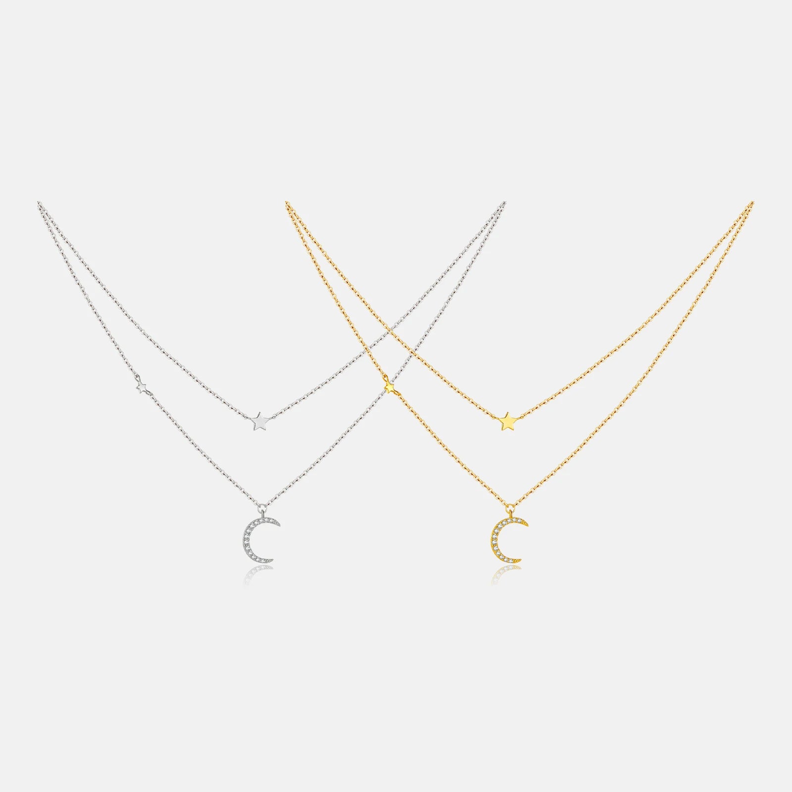 FUAMAY 925 Sterling Silver Double Layer Chain Necklace 18K Gold Plated Star and Moon Necklace With Zircon