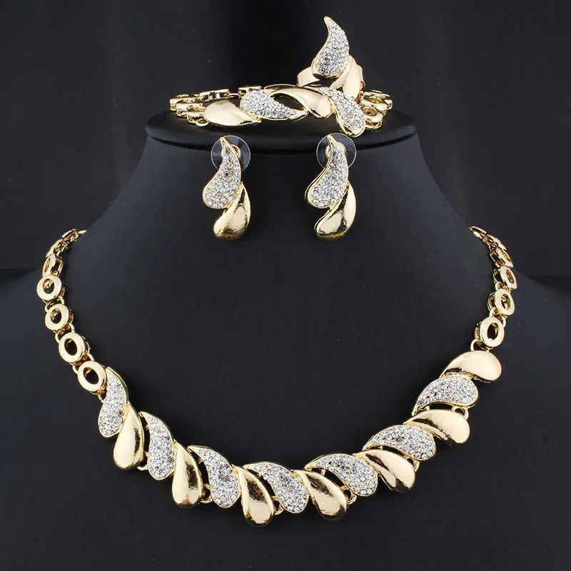Jachon New Ladies Jewelry Set Rhinestone Necklace Earrings Four Piece Bridal Accessories