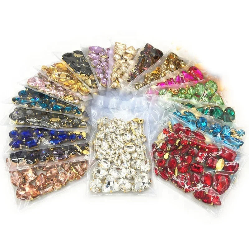 8 Shapes 60 Bags/Box 25 Mixed Colors 3D Crystal Glass Flatback Sew-On Rhinestones with Gold Claw 9 Facets Loose for DIY Dress