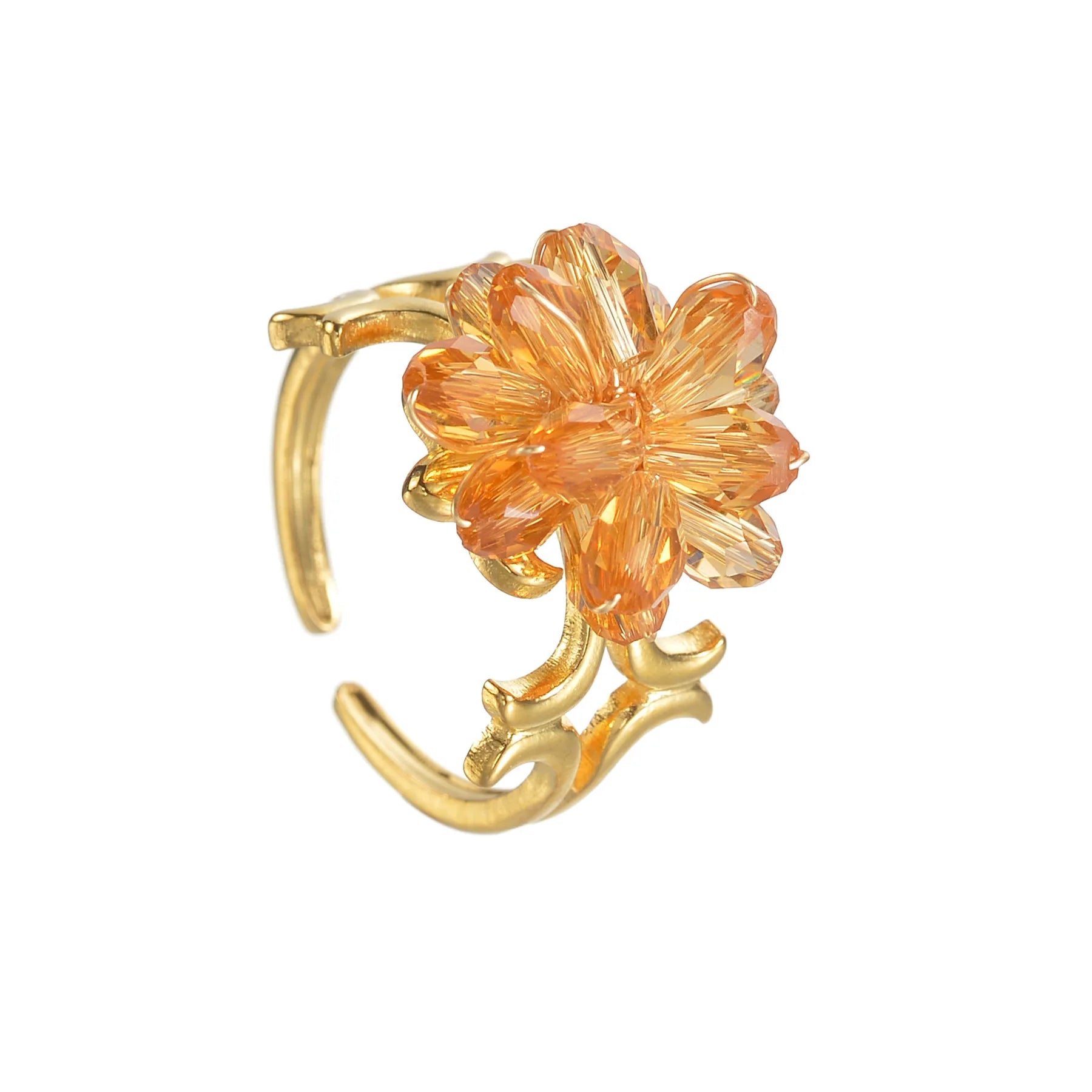 Fashion Retro Stainless Steel 18K Gold Beaded Flower Open Ring Niche Light Luxury Design Ring Jewelry