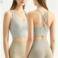 Women Color Block Cross Back Sports Bra Medium Support Crisscross Nylon Spandex Removable Pads Yoga Bra