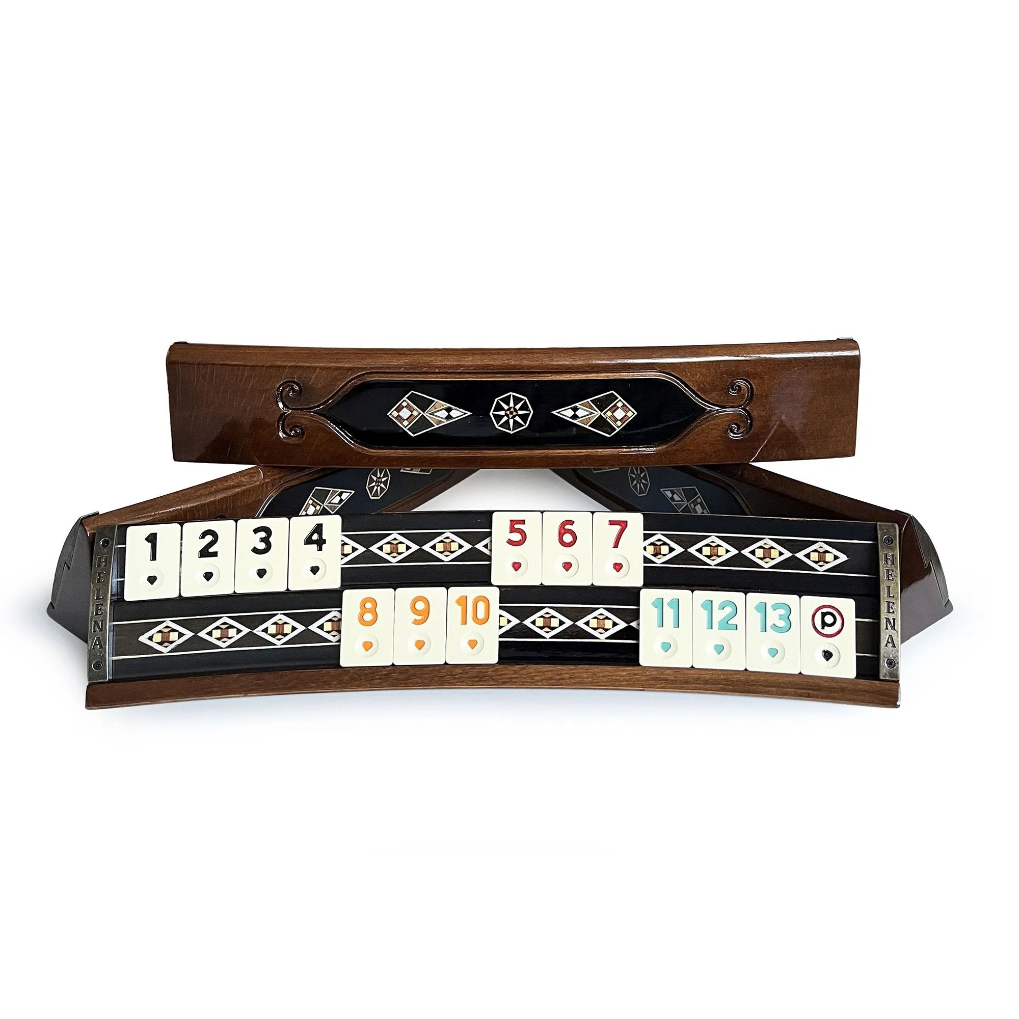 Handmade Elliptic Massive Wood Mosaic Inlaid Natural Black Veneer Table Game Set Rummy Tile Rummy-Durable Family Strategy Game