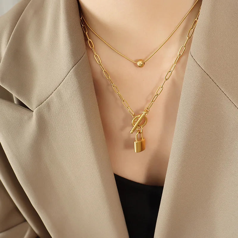 Fashionable Stainless Steel 18K Plated Double Layers Link Chain Ball Lock Head Design Pendant OT Buckle Necklace for Girls