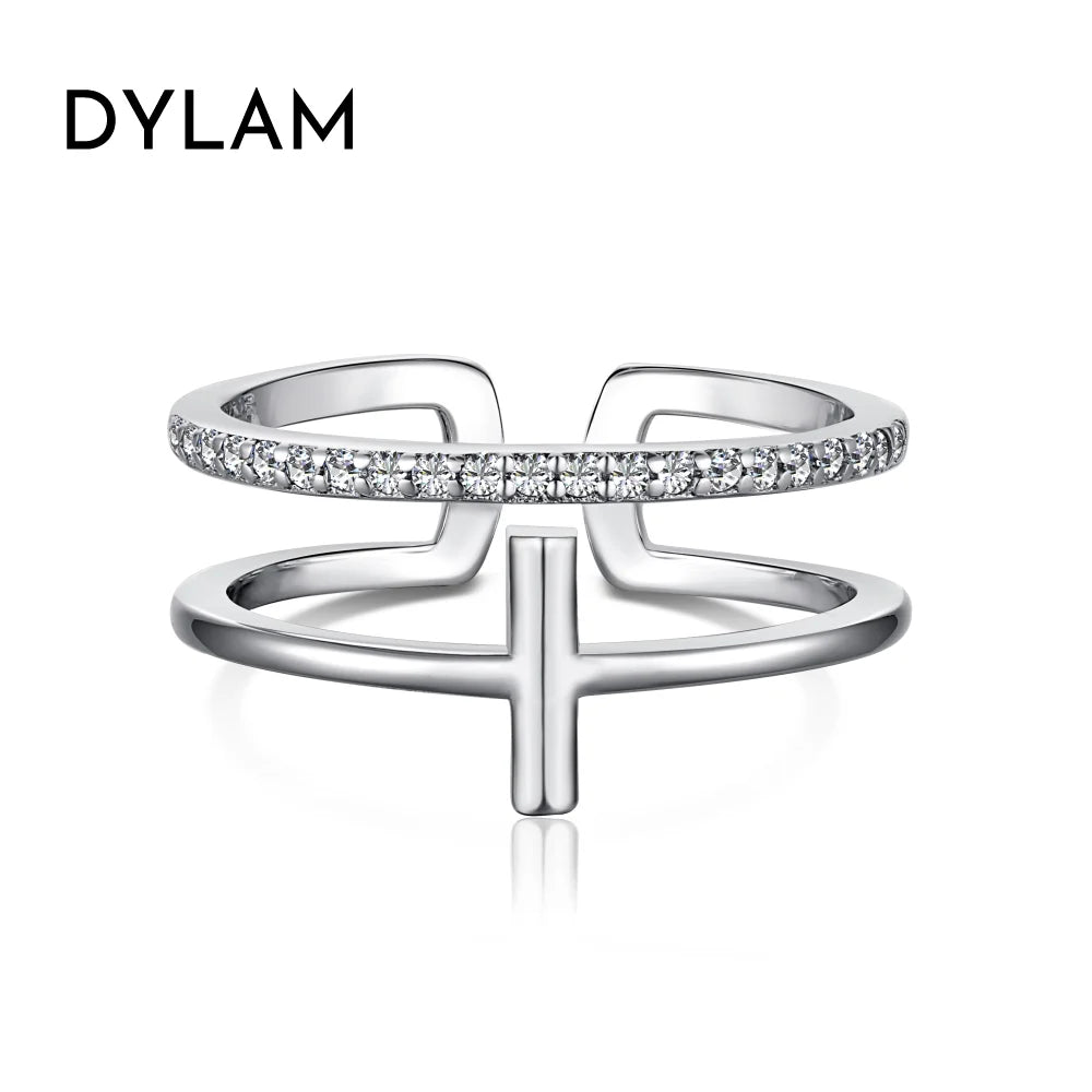 Simple New Design Solid 925 Sterling Silver Ring 18k Rose Gold Plating Double Row 5A Diamond Zirconia Cross Open Rings for Women