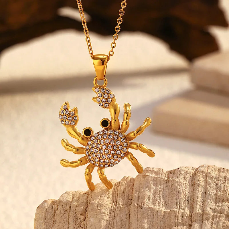 Personalized Ocean Style 18K Gold Plated Jewelry Cute Crab Zircon Pendant Stainless Steel Necklace
