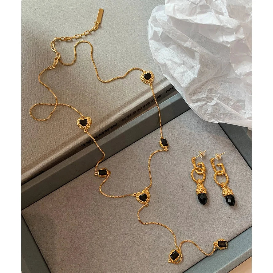 Fashion Jewelry Set Brass Electroplated 18k Gold With Black Onyx Heart Long Sweater Chain Earrings Women Gifts