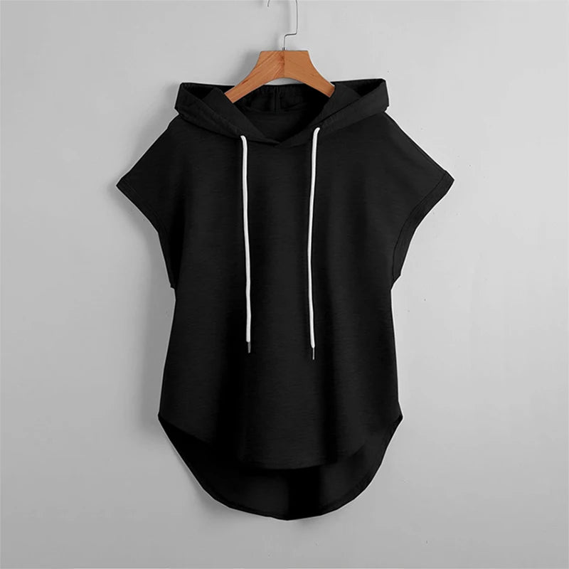Summer New Drawstring Hooded Design Sports T-Shirt Solid Color Casual Women's Short Sleeve Shirt