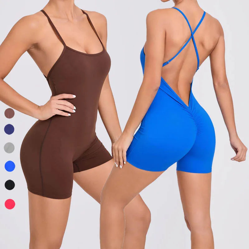 SHINBENE Backless Jumpsuits One Piece Workout Jumpsuits Sleeveless V Back Lizvette Scrunch Yoga Rompers