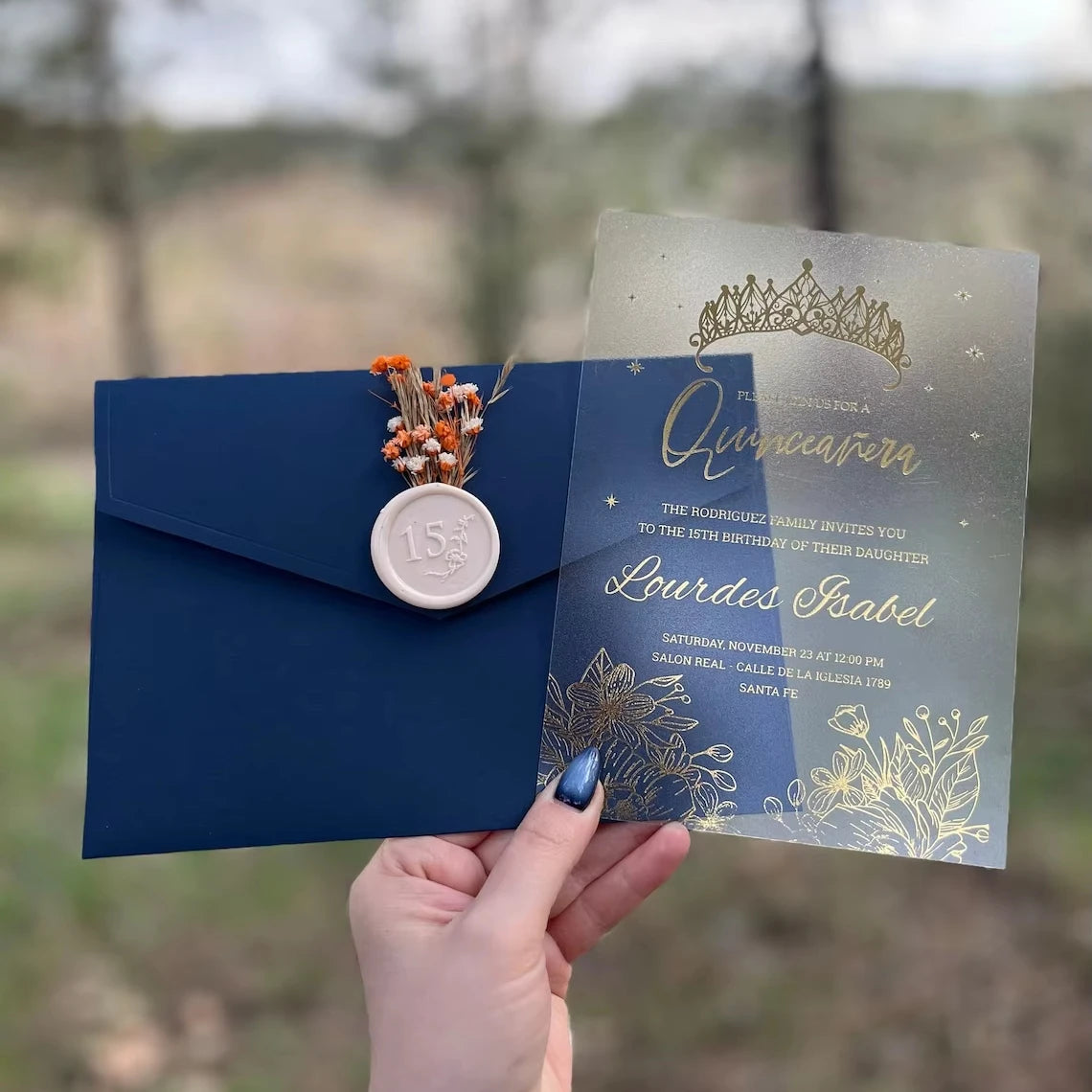 Luxury Unique Navy Blue Sweet 16 Velvet Envelopes for Invitations Acrylic Quinceanera With Wax Seal Faire Part Marriage