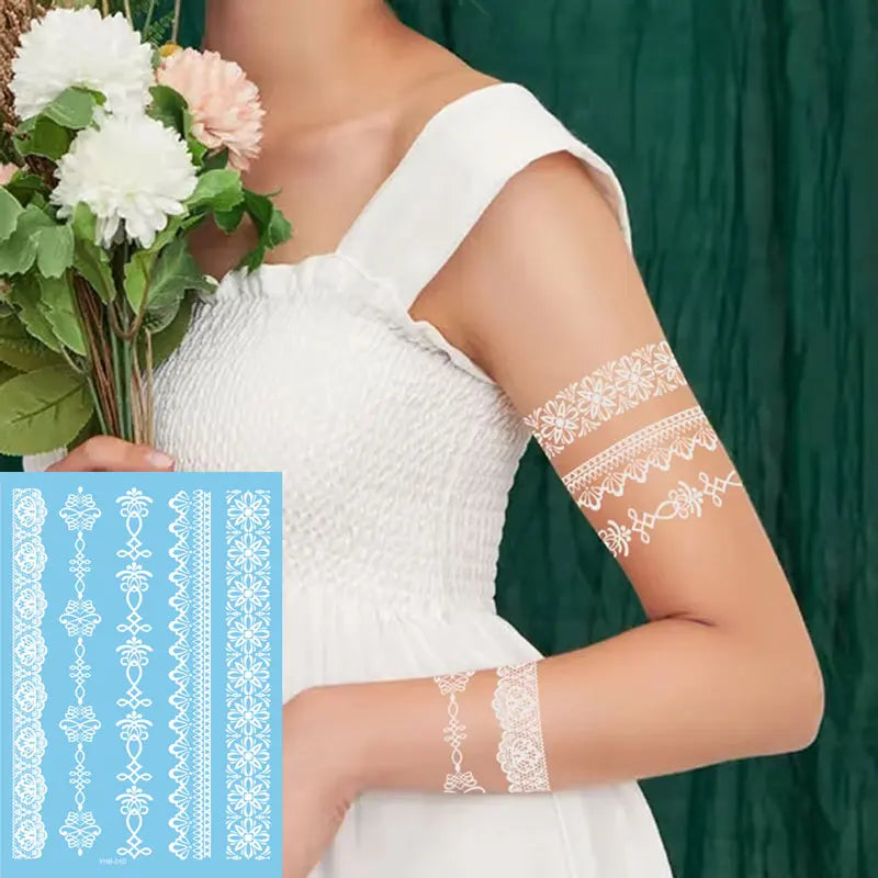 Newly Designed White Henna Temporary Tattoo Stickers Indian Bride Decorative Rhinestone Prints for Face Application at Parties
