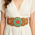 Rice Bead Flower Women Belt Ethnic Statement Wide Elastic Body Belt for Girls Women Dancing Decoration