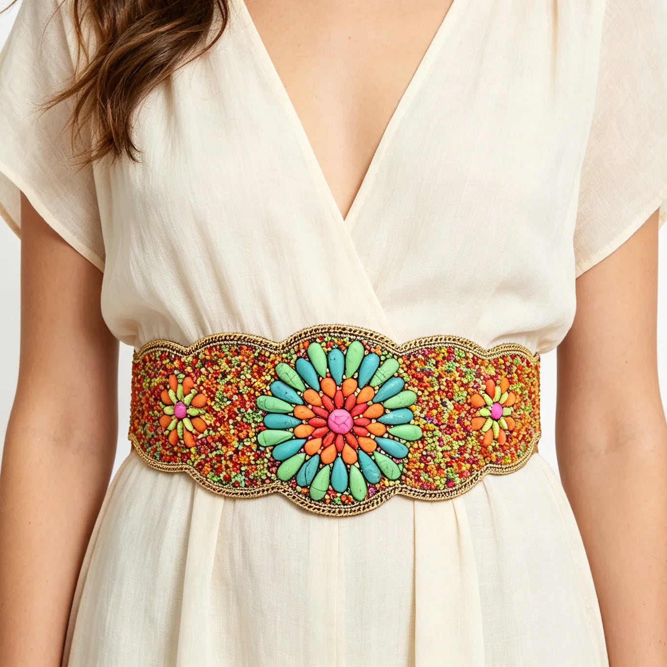 Rice Bead Flower Women Belt Ethnic Statement Wide Elastic Body Belt for Girls Women Dancing Decoration