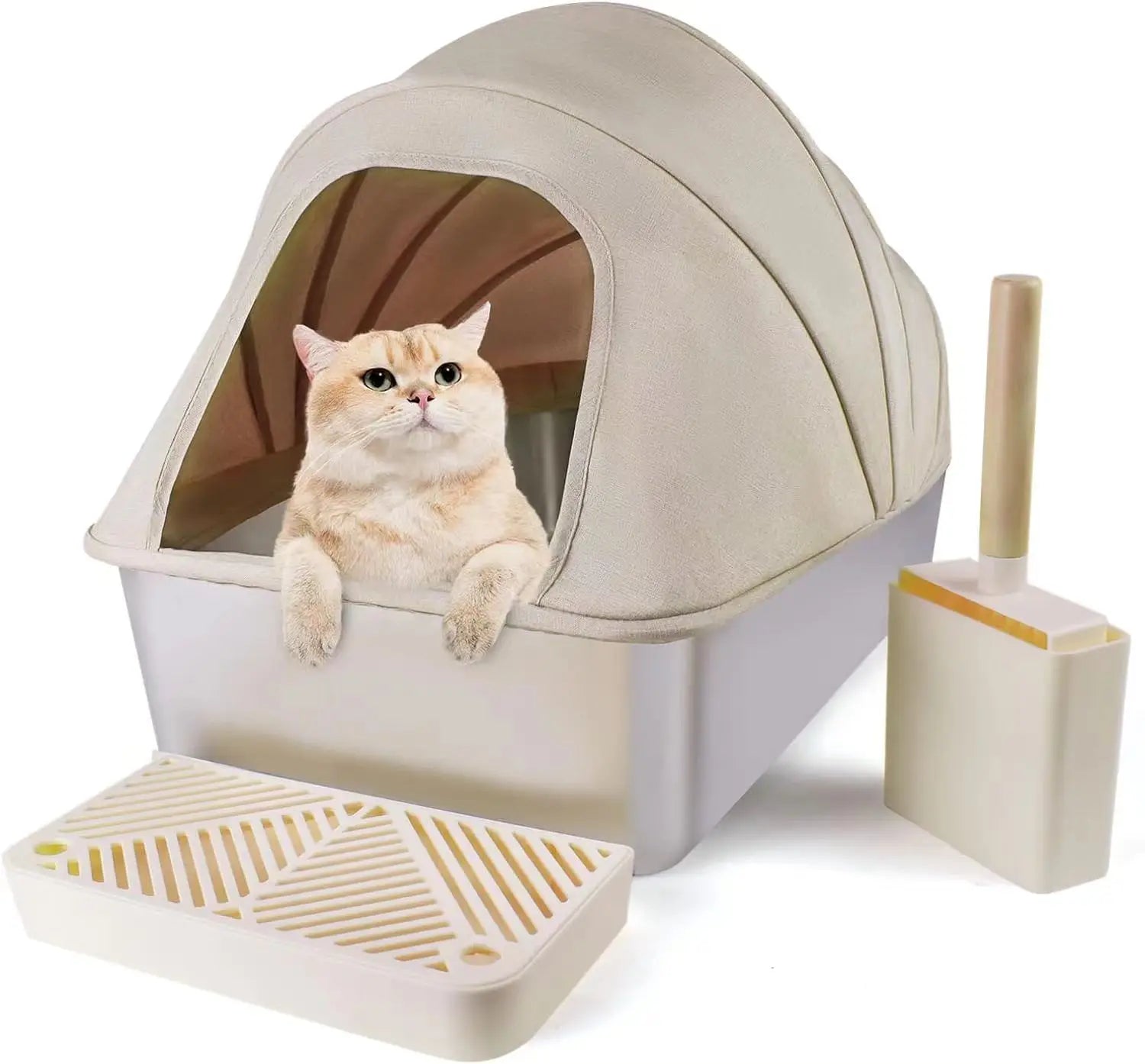 Easy Assembly Sliding Scoop Manual Easy Cleaning Foot-Board Scoop Fabric Covered Portable Luxury Stainless Steel Cat Litter Box