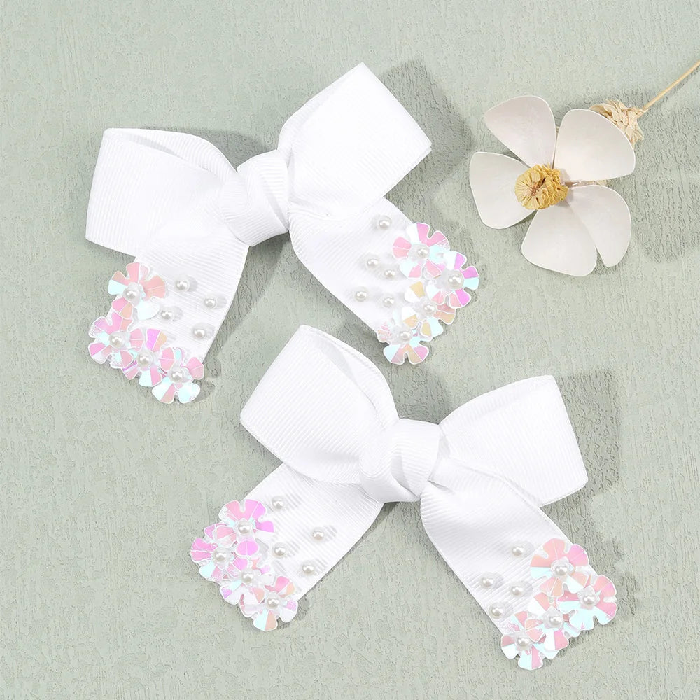 CN 3.5Inch Lovely Sweet Boutique Hair Bow Clip Sparkly Flower Rhinestone Pins Girls Pearl Hair Clip