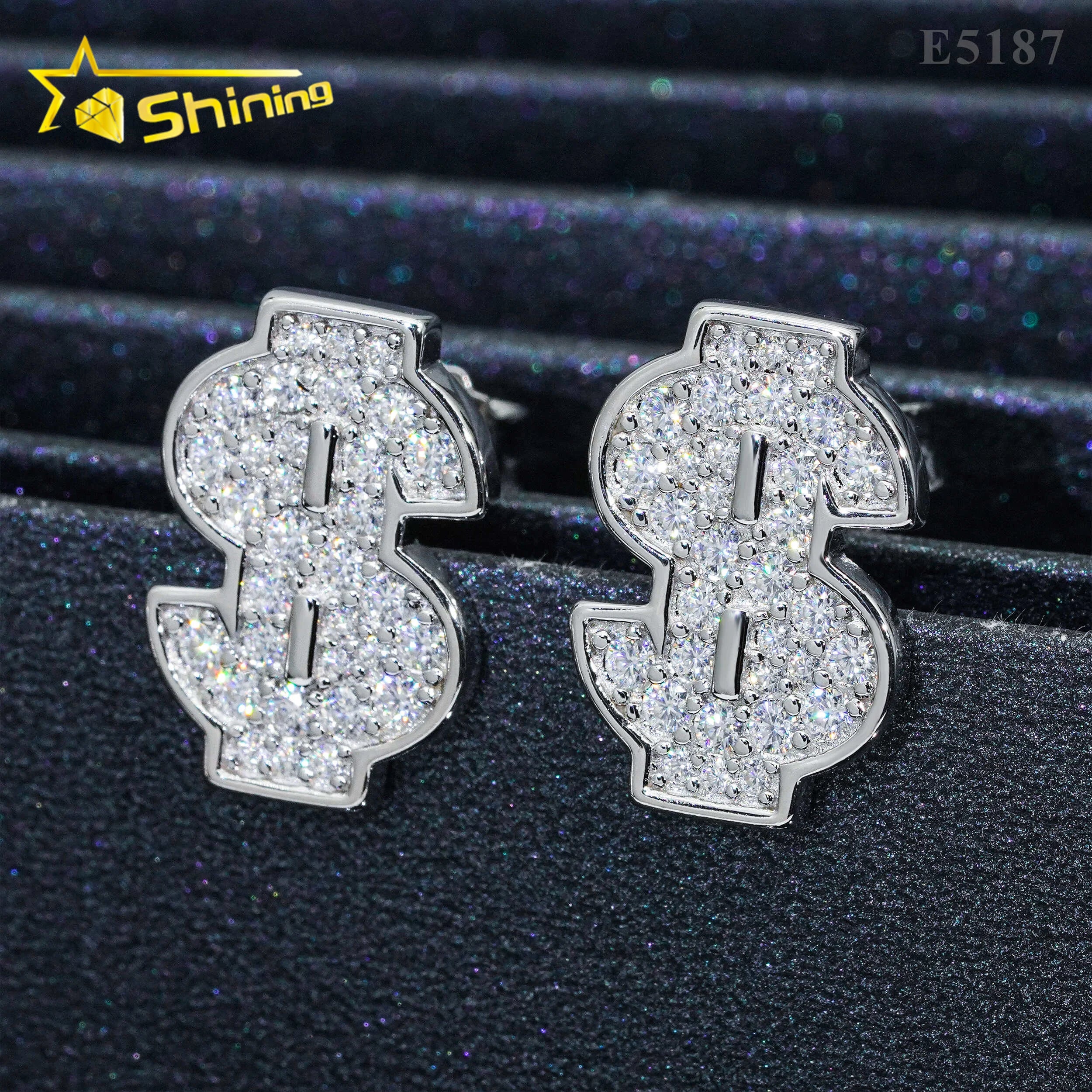Diamond Tester Certified RTS Hip Hop Jewelry 925 Silver Gold Plated VVS Diamond Iced Out Dollar Sign Moissanite Stud Earrings