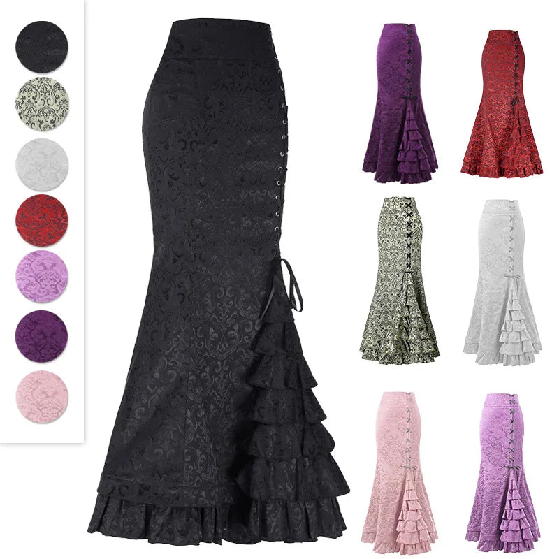 Women Gothic Punk Style Retro Mermaid Skirt Vintage Long Bodycon Ruffle Steampunk Gothic Fishtail Skirt Cosplay Costume Skirts
