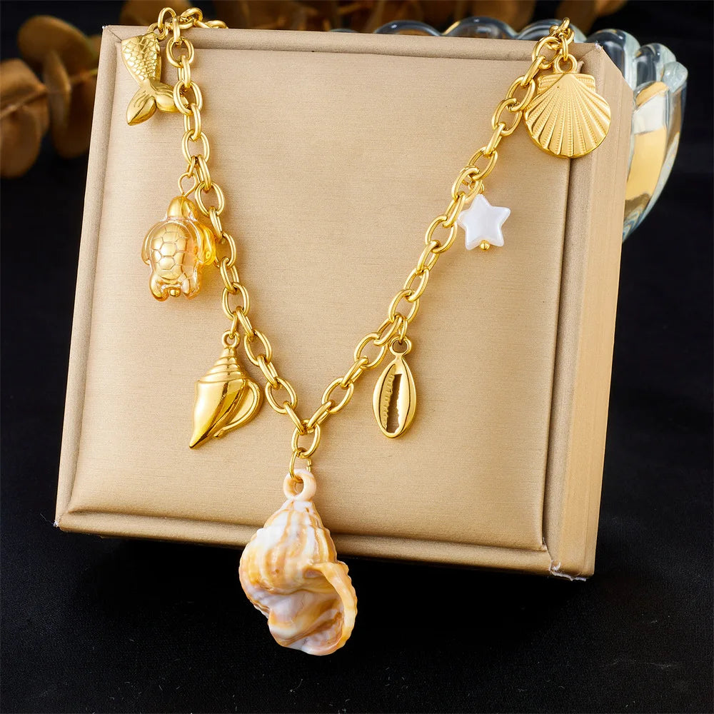 Non Tarnish Stainless Steel Shells  Sea Turtles Fish Tails Charms Necklace 18k Gold Plated Natural Conch Charm Necklace Jewelry
