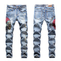 AeeDenim New Trendy Men's Three-dimensional Indian Embroidered Grinding Hole Small Straight Stretch Men's Denim Jeans