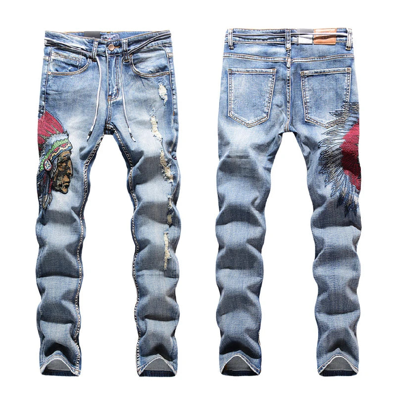 AeeDenim New Trendy Men's Three-dimensional Indian Embroidered Grinding Hole Small Straight Stretch Men's Denim Jeans