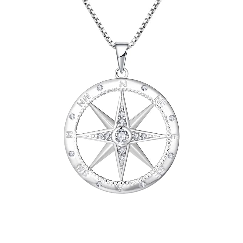 925 Sterling Silver Compass Pendant Necklace Trendy Jewelry Zircon for Wedding Party Graduation Encouraging Find Your Direction