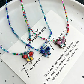 Macaron Candy Color Rice Beaded Bohemia Necklace Sweet Cute Girly Style Rice Bead Ceramic Butterfly Tide Necklace
