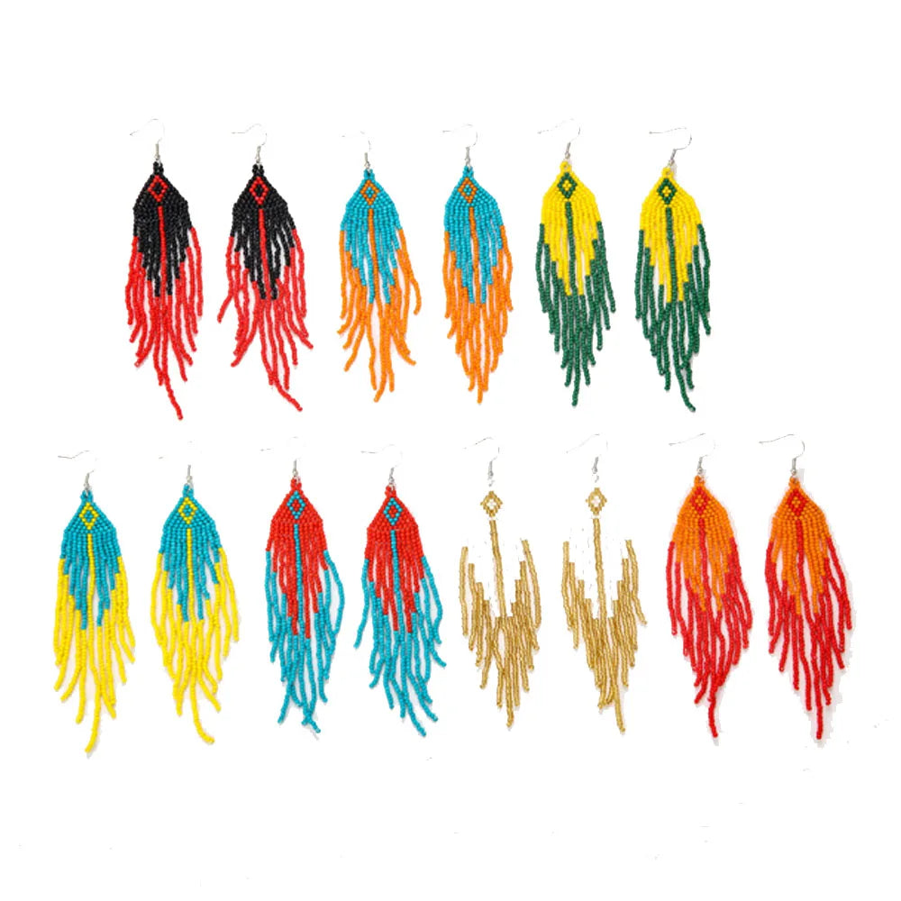Multi Colors Boho Red Glass Seed Beads Beaded Tassel Fringe Earrings Long Tassel Drop Dress Earring for Women