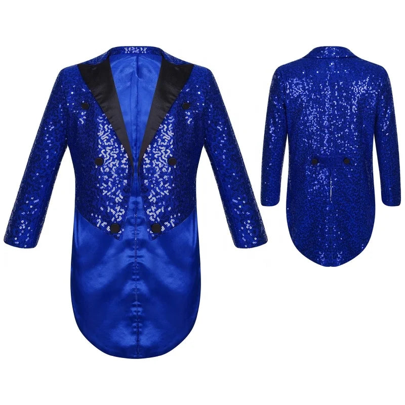 Fashion Kids Boys Sequin Tailcoat Satin Peaked Lapel Open Front Long Sleeve Blazer Tailcoat for Magic Shows Performance