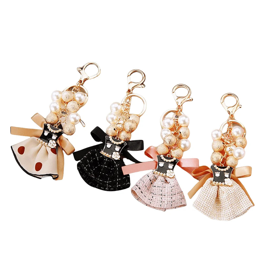 Elegant Black Skirt Keychain Pearl Beads Dress Keyring Ladies Wrist Strap Bag Charm Fashionable Women's Key Pendant Gift