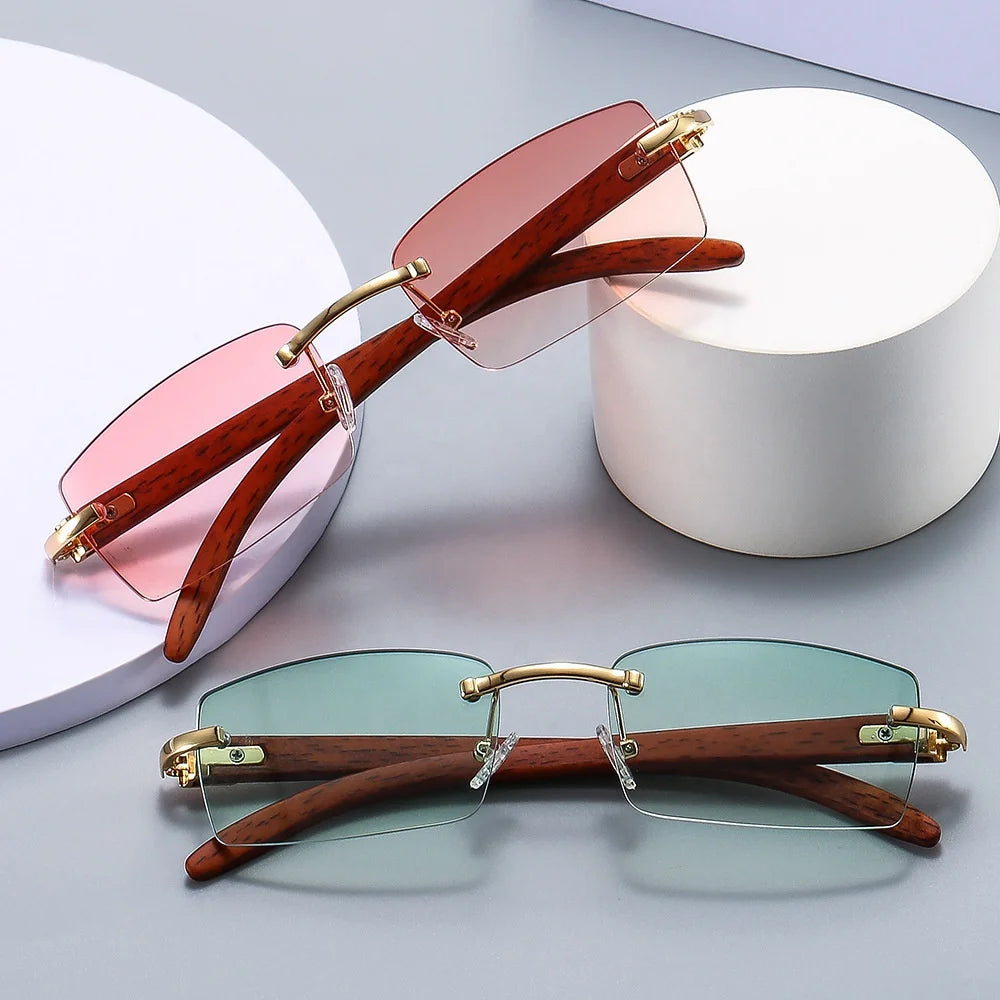 Wholesale New Fashion Wooden Sunglasses Diamond Cut Edge Sunglasses Men Rimless Clear Square Shape Sunglasses