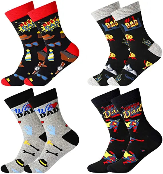 4 Pairs High Crew Mens Funny Father's Day Socks Novelty 'Supper Dad' 'We Love Dad' 'Best Dad Ever' Socks Father's Day Gift