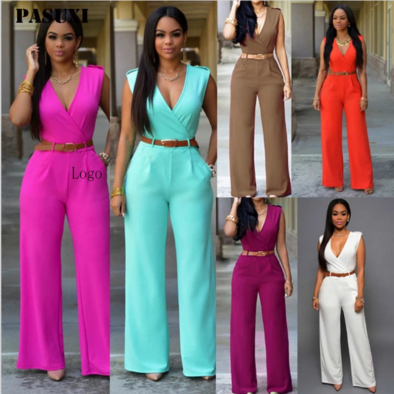 PASUXI Custom One Piece Set Women Clothing Belt Solid Jumpsuits Sleeveless Pants Off Shoulder V Neck Elegant Rompers MegaBDM