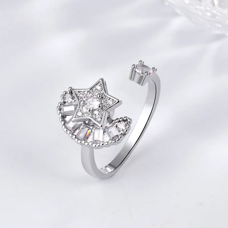 Wholesale Hot Selling Adjustable Open Cubic the Moon and the Stars Zirconia Copper Fidget Ringfor Women Gift Valentine's Day
