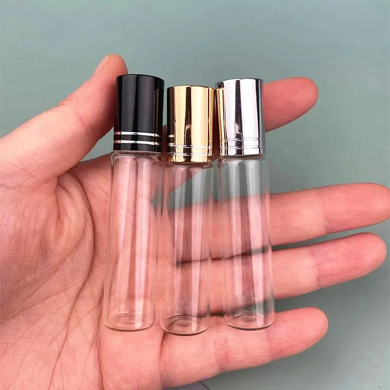 Ready to Ship 10ml Mini Clear Transparent Glass Roller Bottles Black Gold Cap Perfume Oil Roll on Glass Bottle with Roller Ball