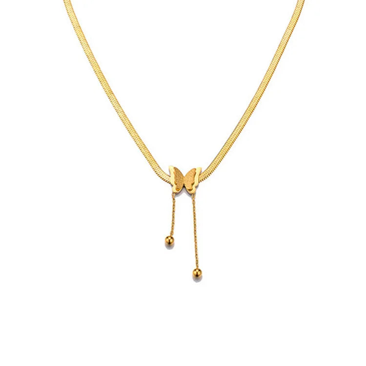 18K Gold Plated Stainless Steel Butterfly Pendant Exquisite Tassel Snake Bone Necklace for Woman