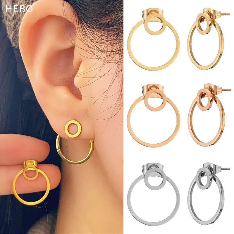 DAIHE Trendy Women Simple Design Jewelry 18K Gold Plated Stainless Steel Drop Earrings Double Two Circle Stud Earrings