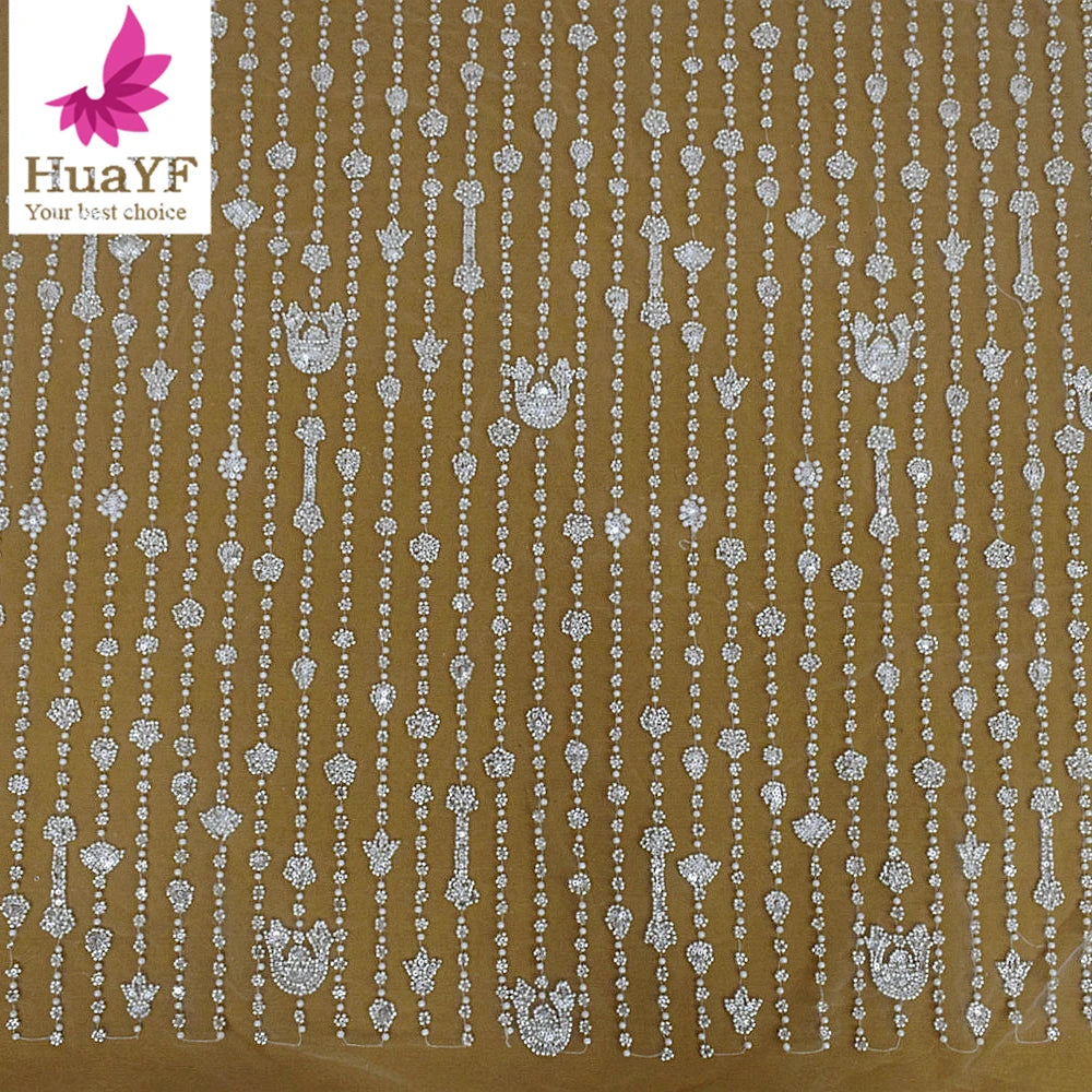 HY2652 Luxury French 3d Silver White Heavy Beaded Pearls Lace With Sequins Shining Wedding Bridal Evening Dress
