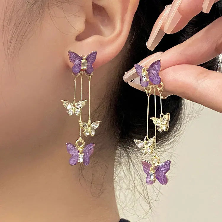 SC New S925 Silver Needle Long Zircon Tassel Earrings Women Party Sweet Luxury Purple Crystal Butterfly Drop Earrings for Girls