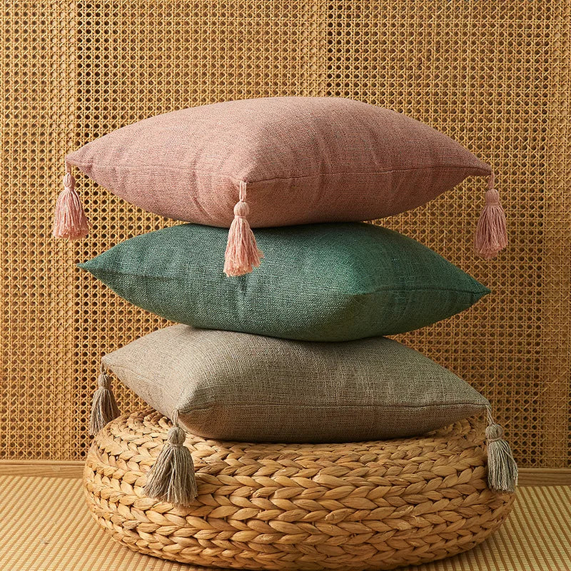 Japanese Simple Style Pillowcase Solid Color Square Cushion Cover Cotton Linen Tassel Throw Pillow Cover