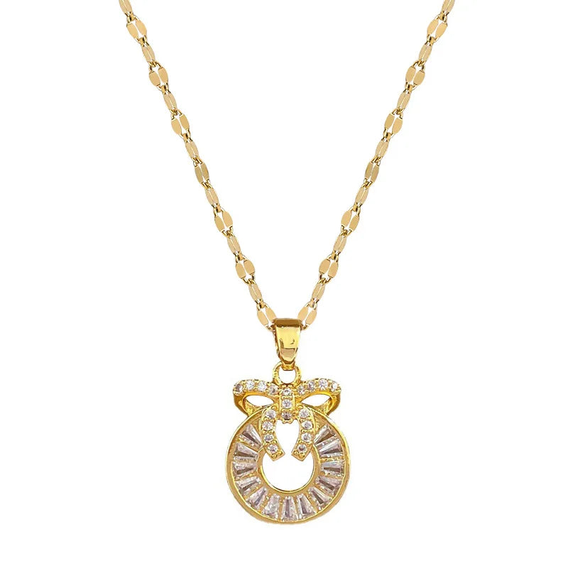 Shining 18k Gold Plated Stainless Steel Round Necklace Jewelry Luxury Bling Zircon Bowknot Necklace for Women Girls