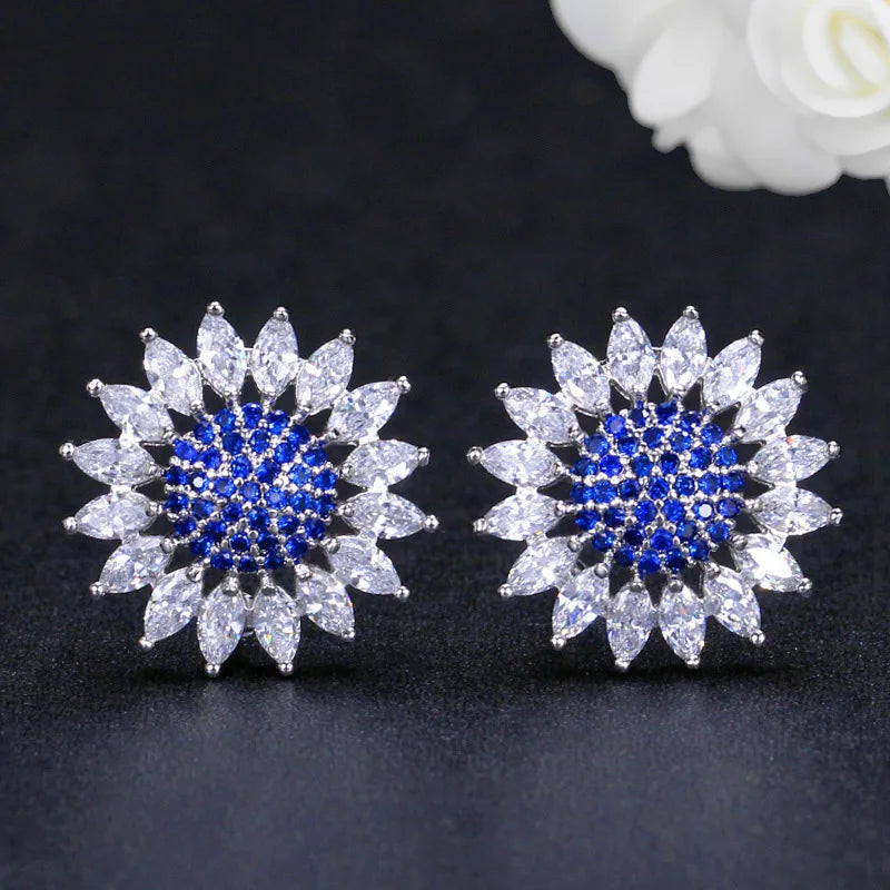 Dazzling Big Round Sun Flower Shape Sky Blue Cubic Zircon Women Fashion Jewelry Holiday Gifts Stud Earrings Costume Accessory