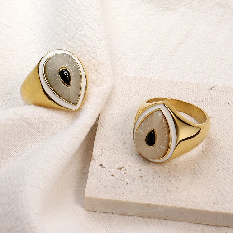 Tarnish Free 18K Gold Plated Stainless Steel Vintage Chunky Thick Wide Eye Shaped Mother of Pearl Daddy Rings