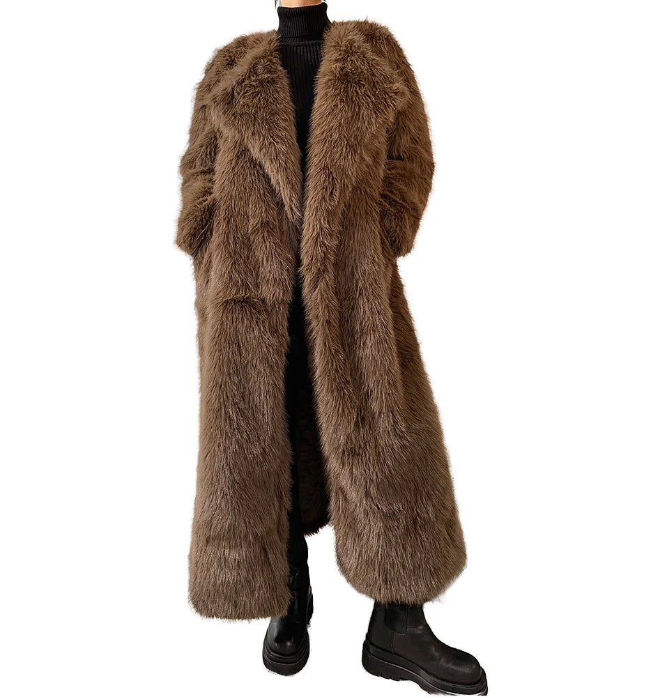 Women's Loose Woven Long Maxi Fox Faux Fur Coat Winter Solid Sheared Overcoat with Elegant Style for Cold Seasons