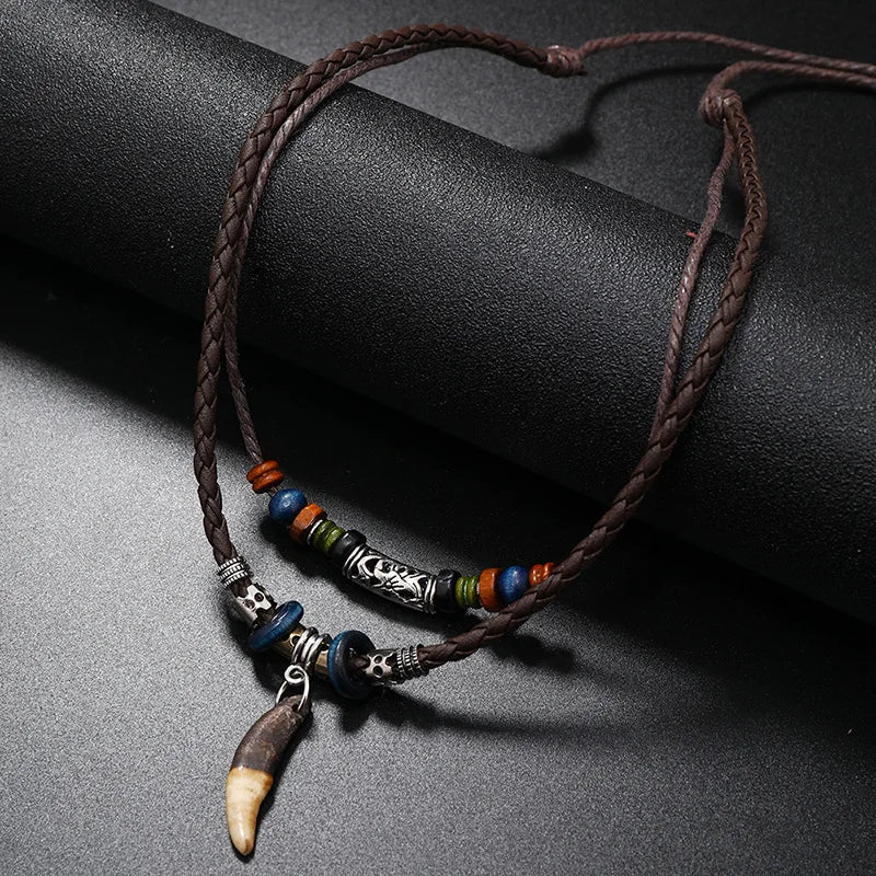 Bohemia Tooth Pendant Necklace for Men Women Beaded Weaved Leather Necklace Natural Style Initial Necklaces Jewelry Mens Gifts