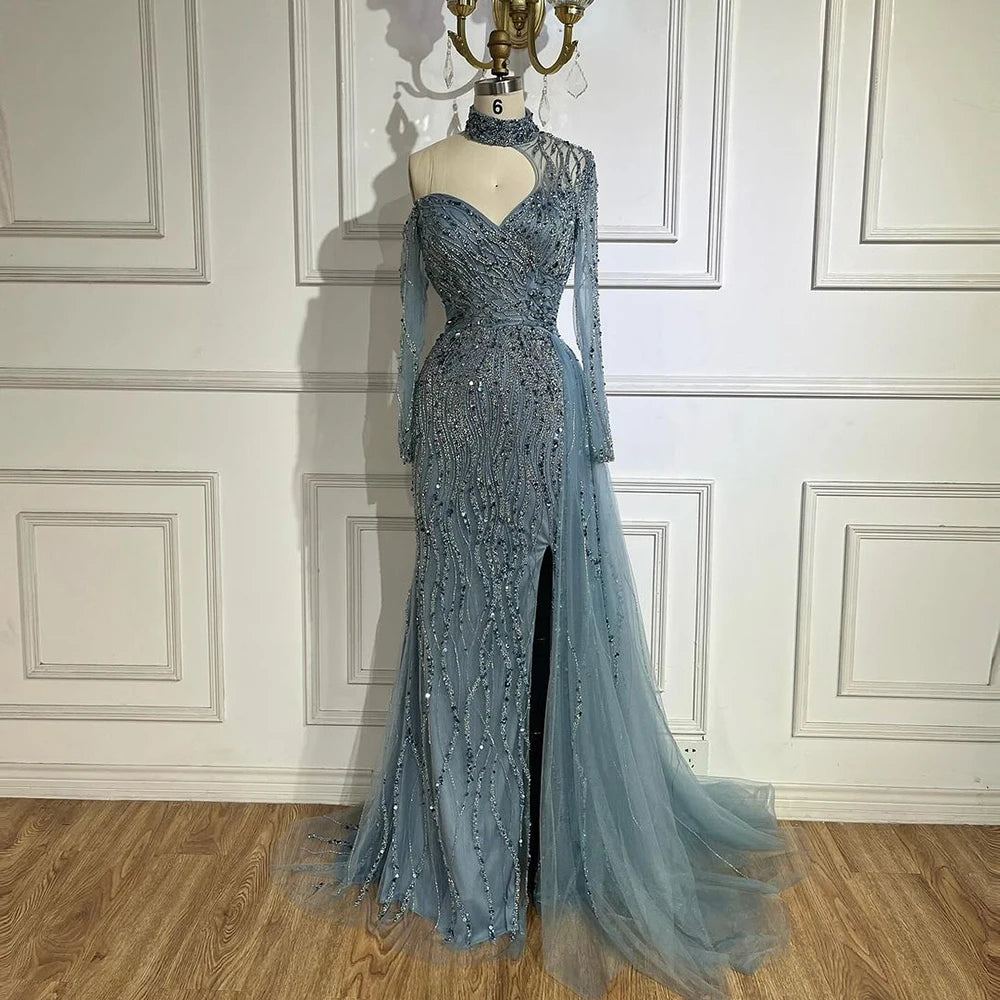Blue Long Sleeves Mermaid Beaded Evening Dresses Serene Hill LA71856A Split Open Side Skirt Elegant Gowns for Party