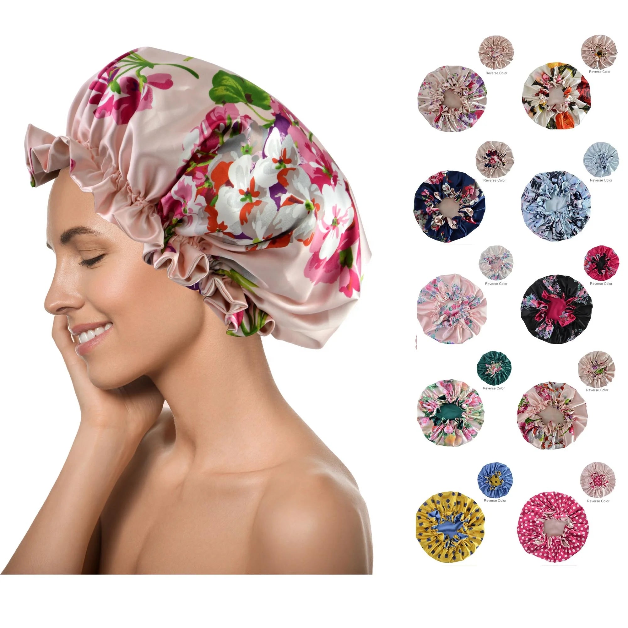 Wholesale Double Layer Reversible Floral and Solid Color Silk Satin Hair Bonnet Smooth Soft Sleeping Cap Casual Daily Use