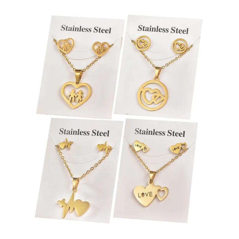 Titanium Steel 18k Gold Plated Heart Pendant Earrings Jewellery  Ladies Bridesmaid Stainless Steel Necklace Jewelry Set
