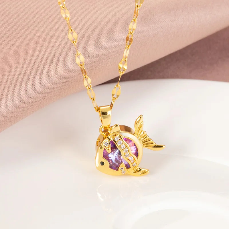 Trendy Cartoon Sweet Zircon Fish Pendant Necklace 18k Gold Plated Stainless Steel Lip Chain Necklace for Women Girls