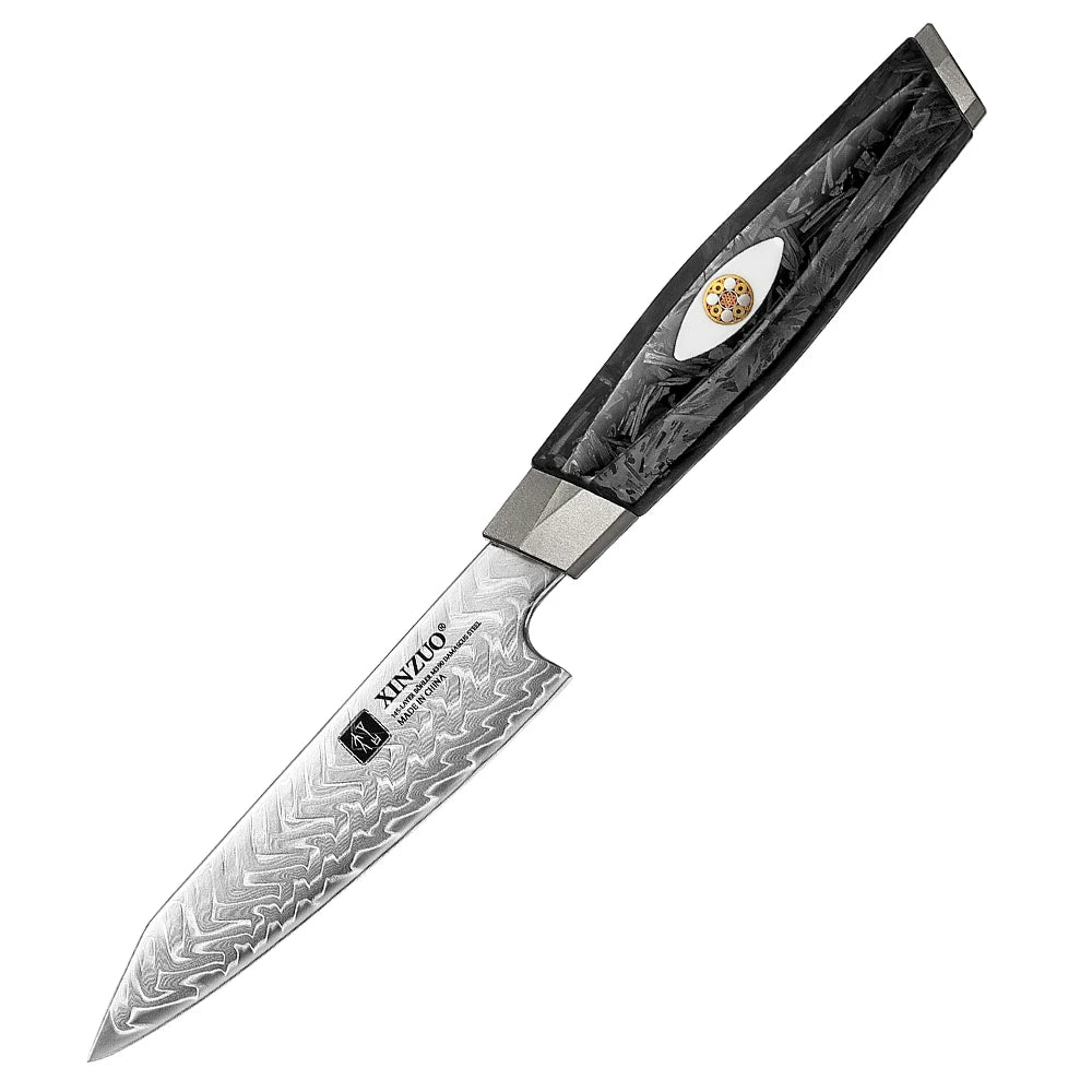 XINZUO High End Kitchen Fruit Peeling Knives M390 Damascus Powder Steel Black Resin Carbon Fiber Handle Paring Knife Cutlery