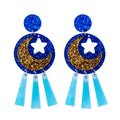 Yiwu Factory Price Blue Sequin Moon Hollowed Out Star Beautiful Planet Laser Tassel Pendant Drop Earrings for Women